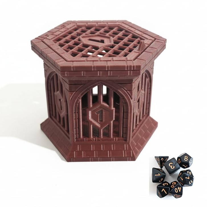 Dice Jail with Secure Clip-On Lid - Fun Dungeon Cage Prison for Tabletop RPG Polyhedral Dice Games (Includes Free 7-Piece Polyhedral Dice Set) (Copper red) - color: Copper Red