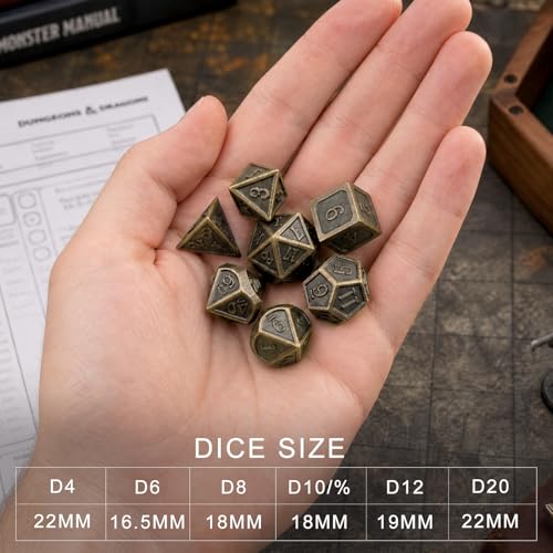 Haxtec Metal DND Dice Set, 7 Pcs Antique Polyhedral Dice for Table Games | Bronze D&D Dice with Leather Bag, Compatible with Dungeons and Dragons, Ancient Heavy Metallic, TTRPG Gifts for DND Lovers - color: Bronze