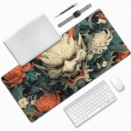 Japanese Mouse Pad, Hannya Mask Desk Mat with Floral Design, XL Gaming Mouse Pad 35.4 x 15.7 Inch, Non-Slip Rubber Base with Stitched Edges for Office and Gaming - color: Green And Gold