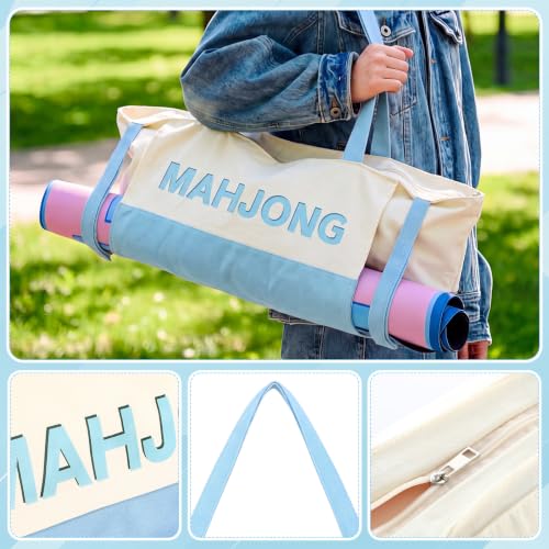 Abbylike 28x9 Inches Mahjong Bag for Rolled Mat Tiles Racks Pushers Accessories Empty Mahjong Tote Bag with Zipper Closure Outer Pockets Lining Large Capacity(Light Blue,Canvas) - color: Light Blue