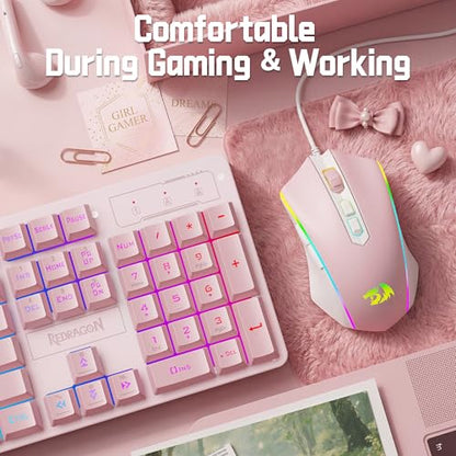 Redragon Updated S107WP Gaming Keyboard and Mouse, RGB Gaming Keyboard and 10000 DPI Mouse Combo with 25-Key Anti-Ghosting, 1K Hz Programmable Mice with Software, Plug & Play to PC, Laptop - Pink - color: Pink
