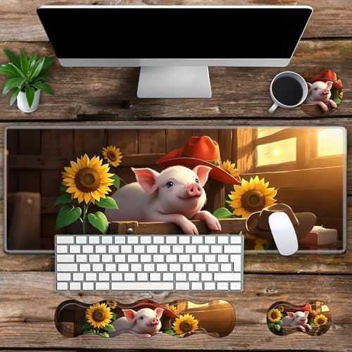 Large Gaming Mouse Pad Set with Wrist Support – 31.5" x 11.8" 4-in-1 XXL Mousepad with Keyboard Wrist Rest, Mouse Wrist Rest & Coaster – Ergonomic Desk Mat for Office, Home – Sunflower Pig - color: Sunflower Pig
