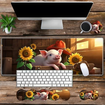 Large Gaming Mouse Pad Set with Wrist Support – 31.5" x 11.8" 4-in-1 XXL Mousepad with Keyboard Wrist Rest, Mouse Wrist Rest & Coaster – Ergonomic Desk Mat for Office, Home – Sunflower Pig - color: Sunflower Pig