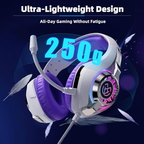 Tatybo Gaming Headset for PS5 PC, Noise Canceling Mic, RGB, Purple | Over Ear, Deep Bass Stereo Sound for FPS, Battle Royale, Lightweight for Xbox, PS4, Mobile, Nintendo, 3.5mm Devices - color: Purple