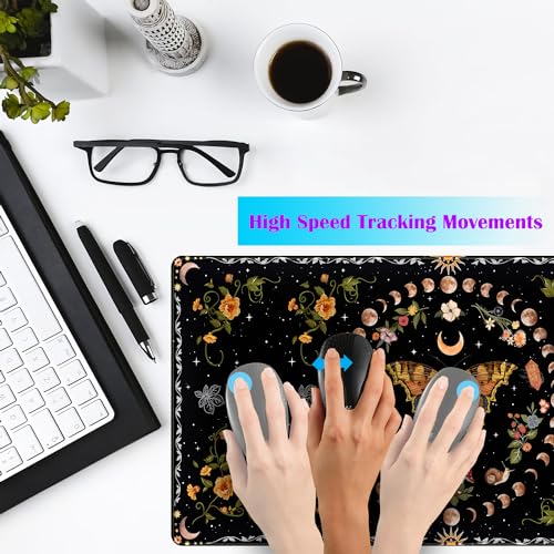 Moth Desk Pad Mushroom Phase Moon Phase Desk Mat, Boho Flowers and Leaves Computer Big Mouse Pad Washable Cloth Non-Slip Rubber Base Keyboard Pad Mouse Mat for Office with Stitched Eges 31.5x15.7 in - color: Black Butterfly Moon