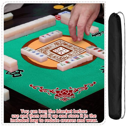 Juexica Mahjong Mat with Carrying Bag, 31.5 x 31.5 Inch Non-Slip Noise-reducing Mahjong Table Cover for Cards, Poker and Tile Games(Green) - color: Green