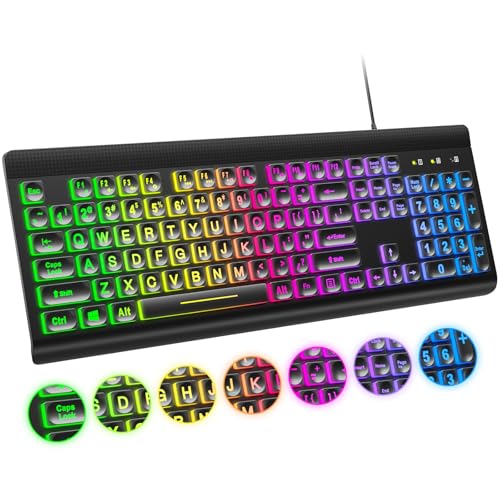 Atelus Large Print Backlit Keyboard, USB Wired Computer Keyboard, Full Size Keyboard with Rainbow Illuminated LED Compatible for Windows Desktop, Laptop, PC, Gaming, Black - color: Black-Rainbow Light