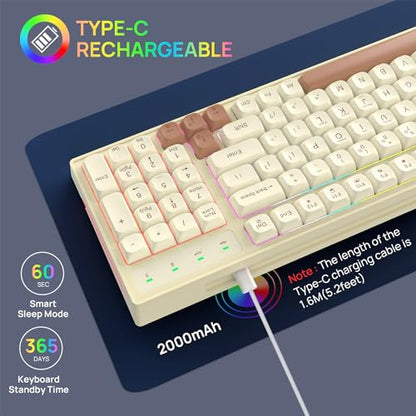 KOLMAX BK98 Wireless Gaming Keyboard, Dual Mode 2.4G/Bluetooth Gaming Keyboard,RGB Backlit Ergonomic 98 Keys PBT Mechanical Feeling Wireless Keyboard for Office Windows Mac PC Gamer(Retro Brown) - color: Retro Brown