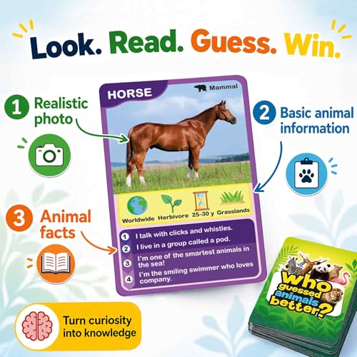 Quokka Who Guess It Better Animals Volume 2 – Educational Game with Visual Clues, Animal Discovery Card Set, 50 Cards, Screen-Free Travel Game for Kids Ages 6+ - color: Animals 2
