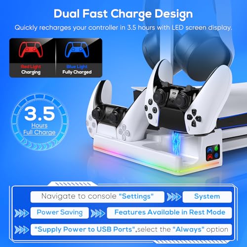 RGB Horizontal Cooling Station Stand for PS5 Slim/Pro Console | 2 Controller Charger, Auto Silent Cooling Fan, 14 Light Modes, Headset Holder, Disc & Digital Compatible