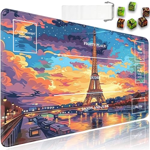 JVGFYNKL for MTG Playmat, 24 x 14 in for TCG Playmat with Zones,Trading Card Game Playmats with Storage Bag and 6 Dice, for MTG Table Mat Card Accessories, Eiffel Tower in Oil Pattern - color: JV-Playmat-5K-4-F159
