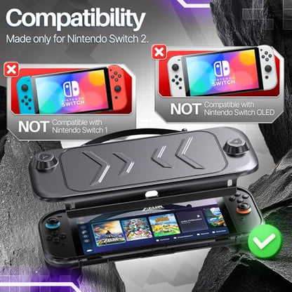 TNP Protective Case for Nintendo Switch 2 with Grip and Front Cover, Black | Hard Shell Cover with Carry Strap and Built-In Stand for Handheld Gaming and Travel