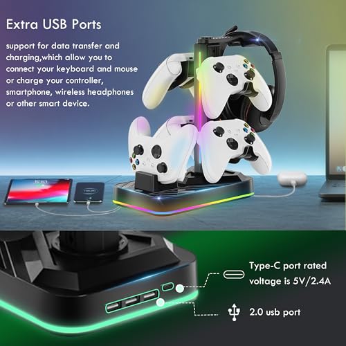 Controller Charger with Headphone Stand for Xbox Series X|S/Elite 2/One/One X/One S/One Elite, RGB Controller Charging Station Dock for Xbox, Headset and Controllers Holder Stand, 3 USB Ports - size: Charger with Holder for Xbox