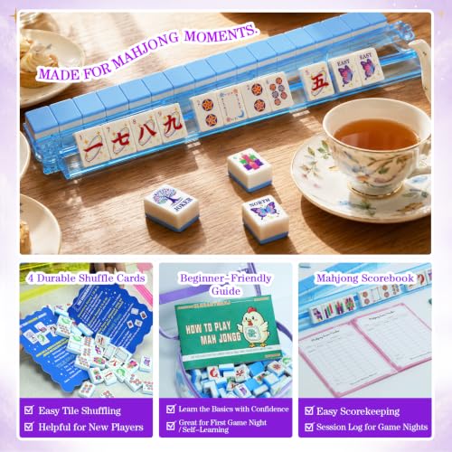 American Mahjong Set, 160 Blue Engraved Melamine Tiles | 1.2x0.9 Inches Travel Mahjong Tiles, Storage Bag, For Adult Social Games, Beginners & Mah Jongg Lovers Gift