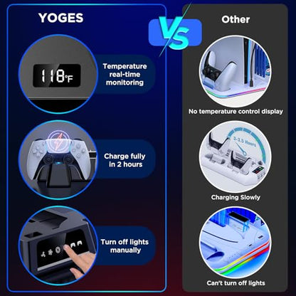 YOGES PS5 Cooling Station with Temperature Sensor, 2H Fast PS5 Dual Controller Charger Station, PS5 Stand Charging Station Accessories Cooler Fan for PlayStation 5