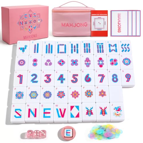 American Mahjong Tile Set - 166 Pink Engraved Melamine Tiles 1.2 Inch - Easy Read Numbered Set with Bag, Dice, Chips, Rulebook & Reference Cards