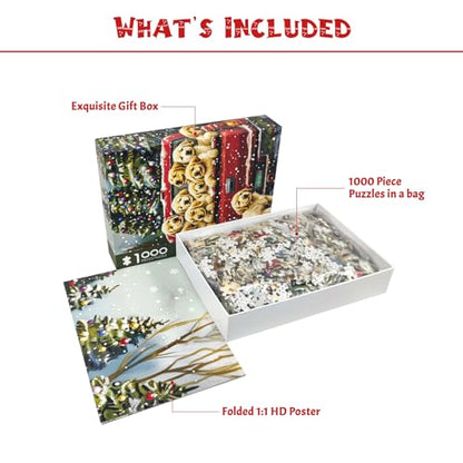 1000 Piece Puzzle for Adults - Cute Puppies Christmas Puzzle, Letters on Back, Golden Retriever Christmas Vacation Jigsaw Puzzles, Challenging Puzzles for Teens Seniors - 27.6 x 19.7 inches - color: Christmas Puppies
