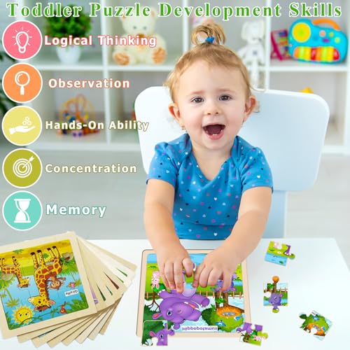 Wooden Puzzles for Toddlers Ages 2-4, 8 Pack 9 Pcs Kids Jigsaw Puzzles Set for Ages 3-5, Educational Learning Toys Gift for 3 4 5 Year Old Boys Girls, Cute Preschool Animal Patterns