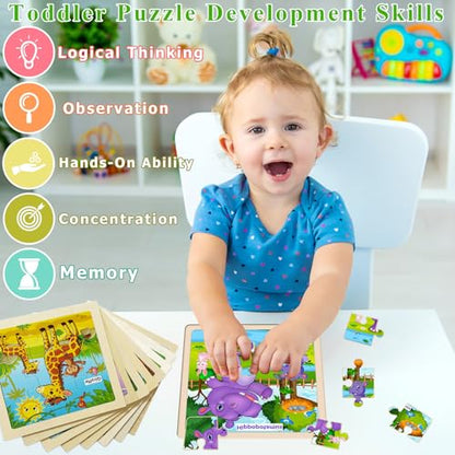 Wooden Puzzles for Toddlers Ages 2-4, 8 Pack 9 Pcs Kids Jigsaw Puzzles Set for Ages 3-5, Educational Learning Toys Gift for 3 4 5 Year Old Boys Girls, Cute Preschool Animal Patterns