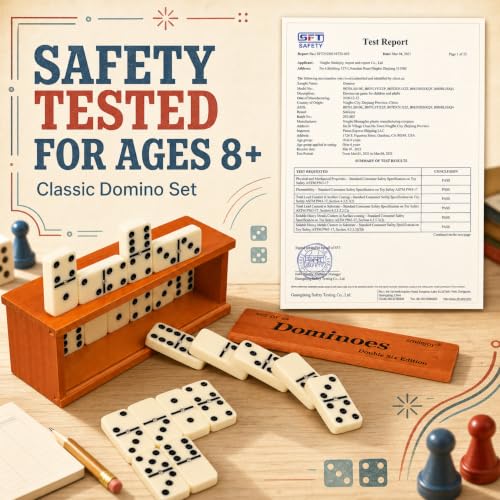 Smilejoy Jumbo Dominoes Set for Adults, Double 6 Domino with Wooden Box | 28 Jumbo Retro Ivory tiles, Prime wood Box, Metal Spinner,recessed mark, for 2-4 players, Board Game,Festival Gift choice