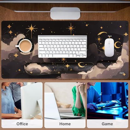 MOSISO Keyboard Mouse Pad Set, Large Gaming Mouse Pad&Keyboard Wrist Rest | Mouse Wrist Rest&Coaster, Ergonomic Non-Slip Dreamy Star Moon Mousepad with Raised Memory Foam for Home Office