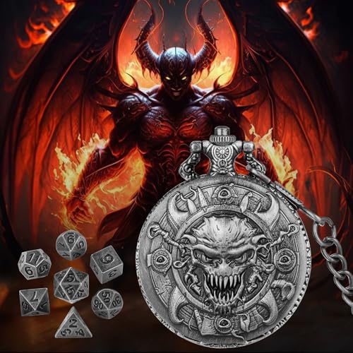 Mini DND Dice Set with Steampunk Warlock Skull Pocket Watch Case, Tiny 7PCS Polyhedral Metal D&D Dice, DND Gifts with Gift Box, Gothic Gifts, Role Playing Game Board Game Accessories Dice, Dark Silver