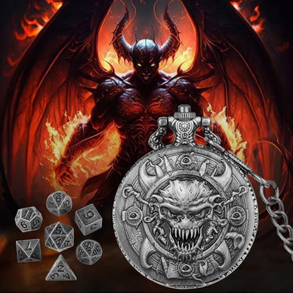 Mini DND Dice Set with Steampunk Warlock Skull Pocket Watch Case, Tiny 7PCS Polyhedral Metal D&D Dice, DND Gifts with Gift Box, Gothic Gifts, Role Playing Game Board Game Accessories Dice, Dark Silver
