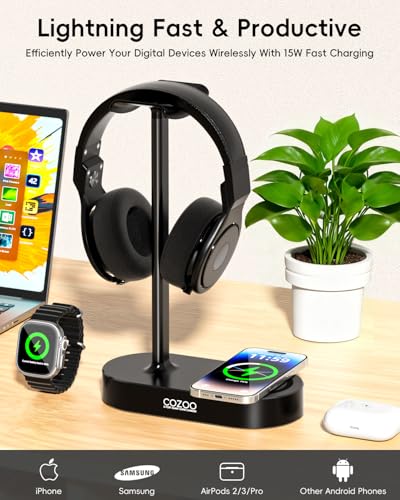COZOO Headphone Stand with Fast Wireless Charging Pad and 2 USB Charging Ports, Suitable for Gaming, DJ, Wireless Earphone Accessories - color: Black