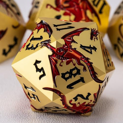 Metal DND Dragon Dice Set,D&D Polyhedral Dice with Dragon for Dungeons and Dragons RPG TTRPG D and D 7-Die Set with Gift Case - color: Dragon-pearl Gold Transparent Red