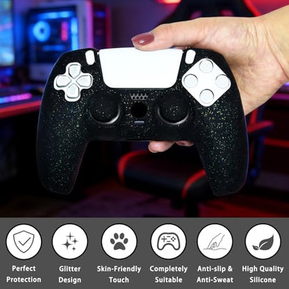 Black Glitter Anti-Slip Protective Silicone Cover Skin Grips Compatible with PS5/Slim/Pro Controller,8 PCS Glitter Thumb Grips Caps and 2 Grips Caps. (Glitter Black) - color: Black