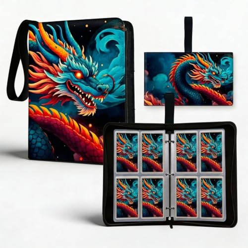 Trading Card Binder Small 4 Pocket,capacity of 400 Cards, 50 Clear Sheets Included, 3 Rings And Zipper, Cards Binder, Collector Binder, Water Proof with Dragon Design (Blue and Red, Small) - color: Blue and Red, size: Small
