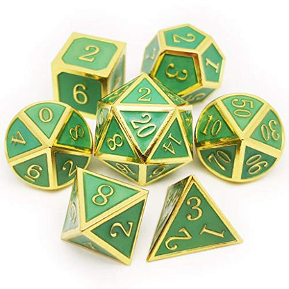 Haxtec Metal DND Dice Set, 7 Pcs Glow in the Dark Polyhedral Dice for RPG | Gold Glowing Blue D&D Dice with Leather Dragon Eye Bag, Compatible with Dungeons and Dragons, Heavy Metallic, MTG Gifts - color: Gold Blue Green