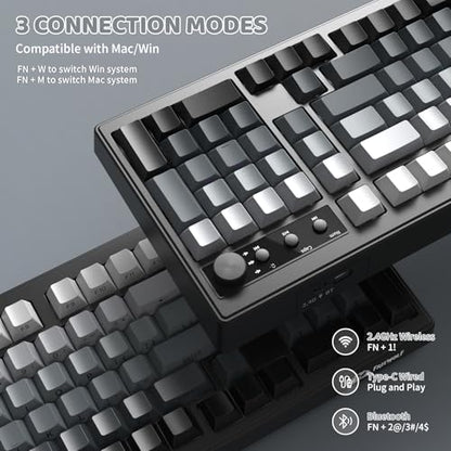 FREEWOLF K100 99 Keys Gaming Creamy Silent Wireless Keyboard with Media Knob,BT/2.4GHz/USB-C,Side Printed Keys RGB Backlit Number Pad,Retro Cute Membrane Computer Keyboard for PC/MAC-Gradient Black - color: Gradient Black