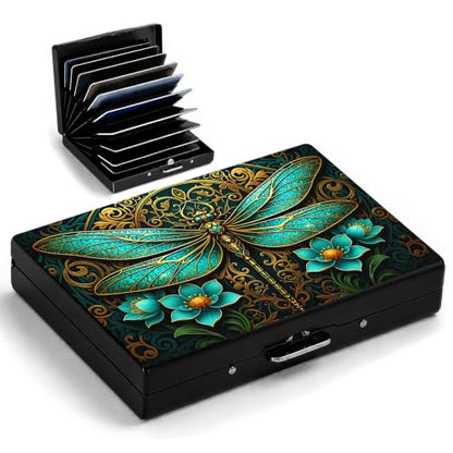 Dragonfly Metal Wallet Credit Card Protector Case Equipped RFID Blocking | with Pop-Up Button Slim Business Cards Holder Aluminum Cards Case Exclusive Flower and Dragonfly Gifts for Women Men - color: Flowers and Dragonflies