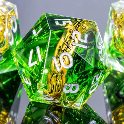 OUKELANWO Magic Lord Rings DND Dice Set with Box, 7Pcs Resin LOTR D&D Dice Set for Role Playing Game, Green Dungeons Dragons D and D Sharp Edge Dice D20 D12 D10 D8 D6 D4 - color: Green & White