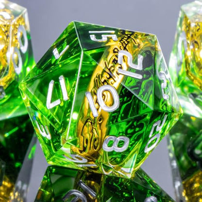 OUKELANWO Magic Lord Rings DND Dice Set with Box, 7Pcs Resin LOTR D&D Dice Set for Role Playing Game, Green Dungeons Dragons D and D Sharp Edge Dice D20 D12 D10 D8 D6 D4 - color: Green & White