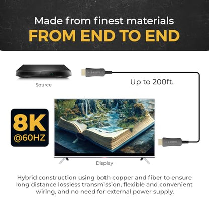 OREI 8K HDMI 2.1 Fiber Optic Cable 200ft - AOC, 48Gbps, 8K@60Hz, HDR10+, 3D - size: 200FT