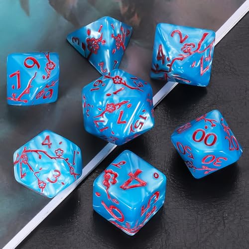 CiaraQ 7pcs Polyhedral Dice Set for Dungeon and Dragons MTG Table Games | Acrylic Role Playing Dice for D&D with Black Velvet Bag – Cyan Blue Pearl with Red Numbers & Plum Blossom Patterns - color: Cyan Blue and Red Floral Dice
