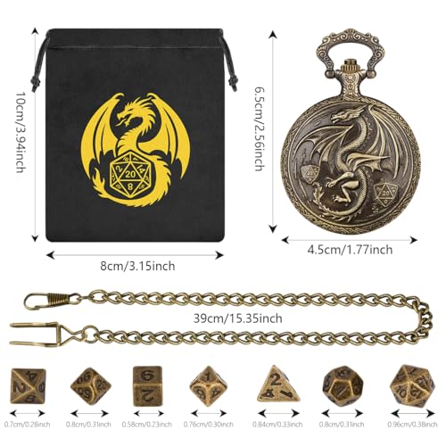 Mini DND Dice Set, with Steampunk Winged Dragon Pocket Watch Shell Case, 7-Piece Polyhedral Metal D&D Dice, DND Gift Bag with Dragon Logo, MTG, Role Play Board Game Accessories, Bronze - color: Bronze