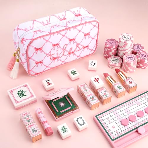 Sanwuta 1 Pcs Mahjong Tile Bag with Zipper,Pink,Bow | Embroidered Mahjong Case for 166 American Mahjong Tiles (1.2") Portable Bags for Board Game Party Gathering Travel - color: Pink, style: Bow