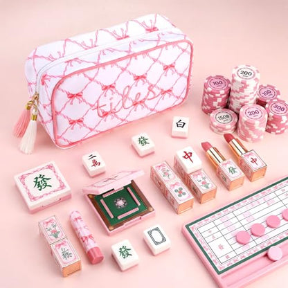 Sanwuta 1 Pcs Mahjong Tile Bag with Zipper,Pink,Bow | Embroidered Mahjong Case for 166 American Mahjong Tiles (1.2") Portable Bags for Board Game Party Gathering Travel - color: Pink, style: Bow