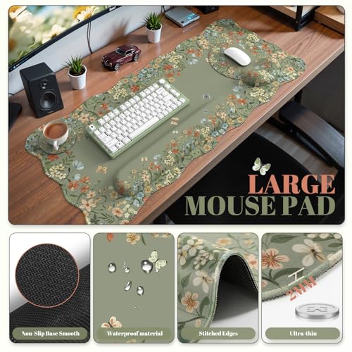 iCasso Desk Mat Set,Large Mouse Pad with Wrist Rest,Ergonomic Keyboard Wrist Support for Women,Girly Floral Computer Mat with Scalloped Edges,Non-Slip Desk Pad Home Office Gaming (Green) - color: Green