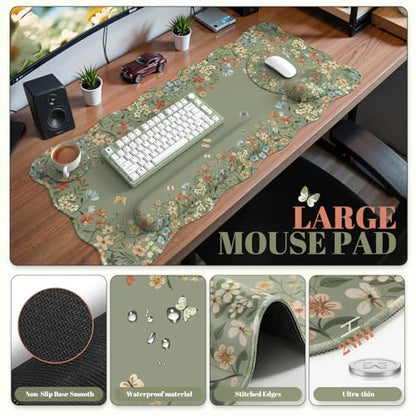 iCasso Desk Mat Set,Large Mouse Pad with Wrist Rest,Ergonomic Keyboard Wrist Support for Women,Girly Floral Computer Mat with Scalloped Edges,Non-Slip Desk Pad Home Office Gaming (Green) - color: Green