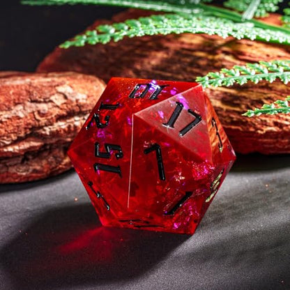 Cusdie Single D20 DND Dice with Sharp Edges and Glitter Foil Inclusions, 33mm Handcrafted 20 Sided D&D Dice, for Role Playing Game (Flame Red w/Black Numbers) - color: Flame Red With Black Numbers