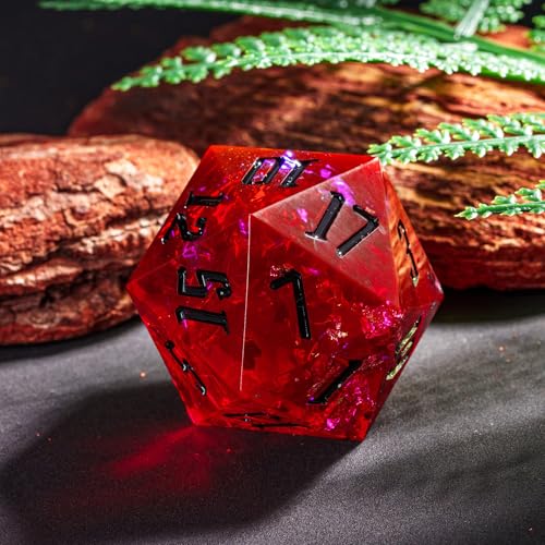 Cusdie Single D20 DND Dice with Sharp Edges and Glitter Foil Inclusions, 33mm Handcrafted 20 Sided D&D Dice, for Role Playing Game (Flame Red w/Black Numbers) - color: Flame Red With Black Numbers