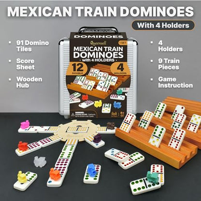 Mexican Train Dominoes Set with 4 Holders - Dominoes Double 12 with Wooden Hub and Tiles Holders - Double 12 Dominos Set for Family Game Night for Adults and Kids Ages 8 and up (D12 + 4 Holders) - style: D12 + 4 Holders