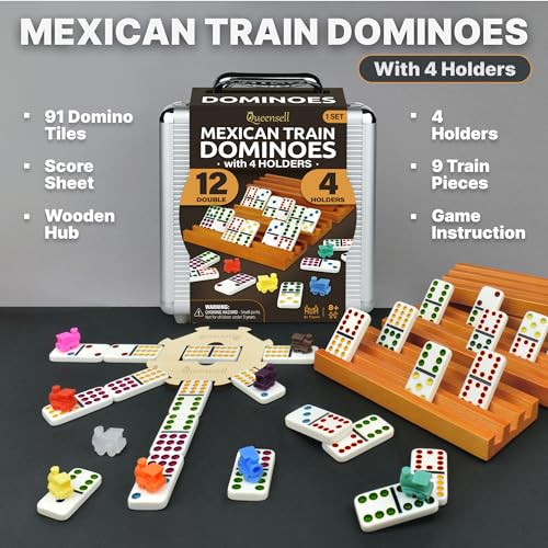 Mexican Train Dominoes Set with 4 Holders - Dominoes Double 12 with Wooden Hub and Tiles Holders - Double 12 Dominos Set for Family Game Night for Adults and Kids Ages 8 and up (D12 + 4 Holders) - style: D12 + 4 Holders