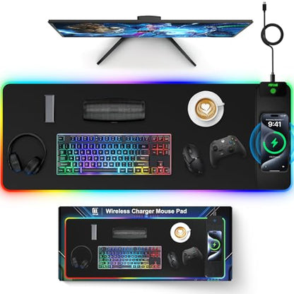 Magnetic Charging Mouse Pad, 31.5x11.81 Inch XL Gaming Mousepad, 11+5 RGB Lighting Modes, Home Office Large Desk Pad with Ultra-Smooth Surface, Non-Slip, Waterproof Keyboard Pad Classic Black Desk Mat - color: 31.5x11.81"-Black Right Upgraded Magnetic