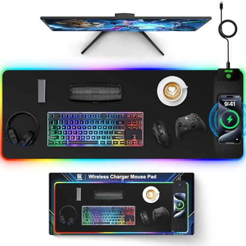 Magnetic Charging Mouse Pad, 31.5x11.81 Inch XL Gaming Mousepad, 11+5 RGB Lighting Modes, Home Office Large Desk Pad with Ultra-Smooth Surface, Non-Slip, Waterproof Keyboard Pad Classic Black Desk Mat - color: 31.5x11.81"-Black Right Upgraded Magnetic