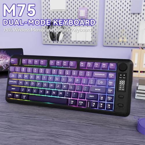 ZIYOU LANG M75 Wireless Gaming Keyboard, RGB Backlit Rechargeable 2000mAh Battery, Small Membrane But Mechanical Feel Keyboard with Smart Display & Knob, PBT Gradient keycaps for PC, MAC-Grape Purple - color: Grape Purple
